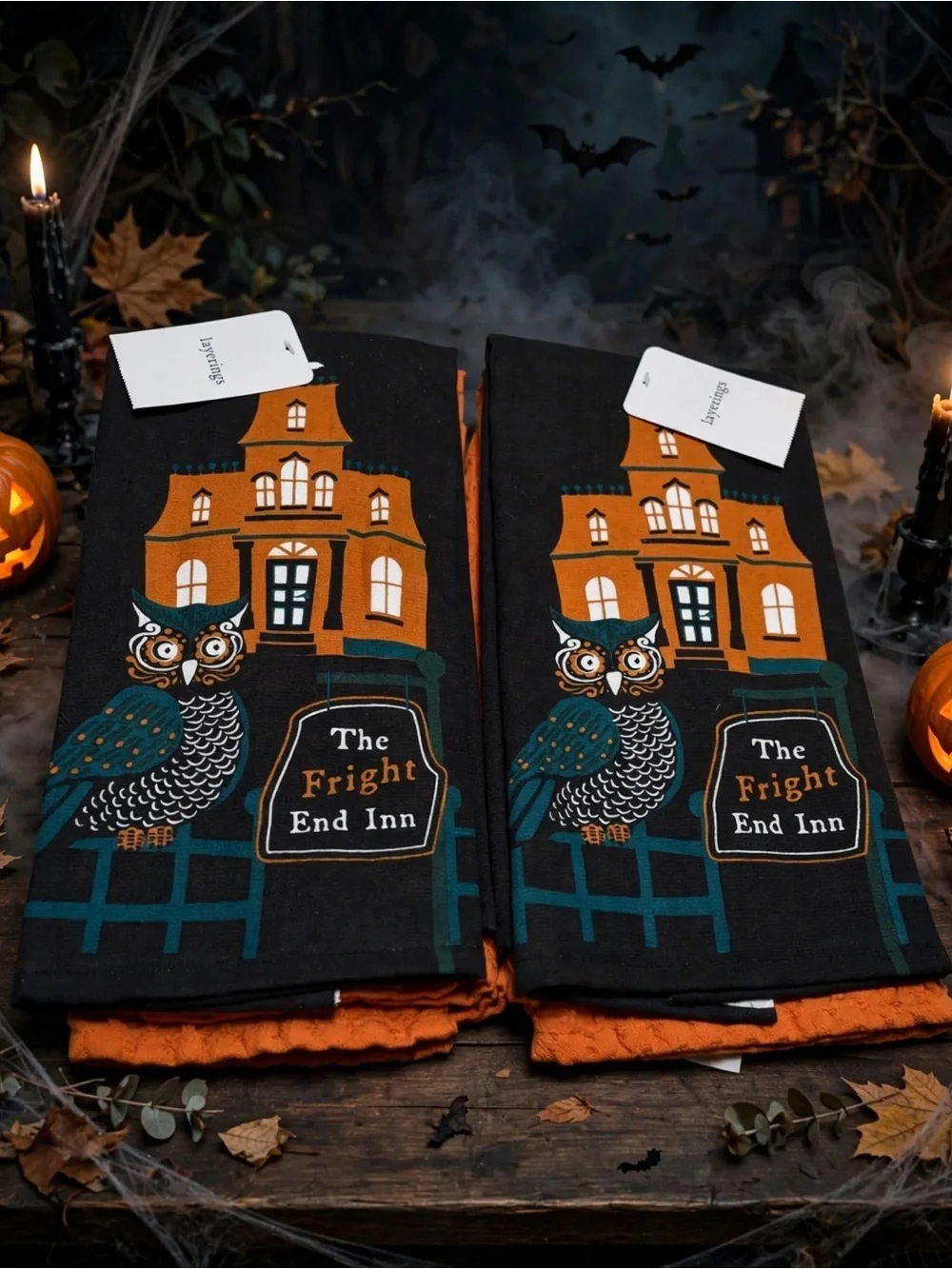 Halloween Dish Towel Bundle Spooky Hotel Owl Decor 4 Piece Set